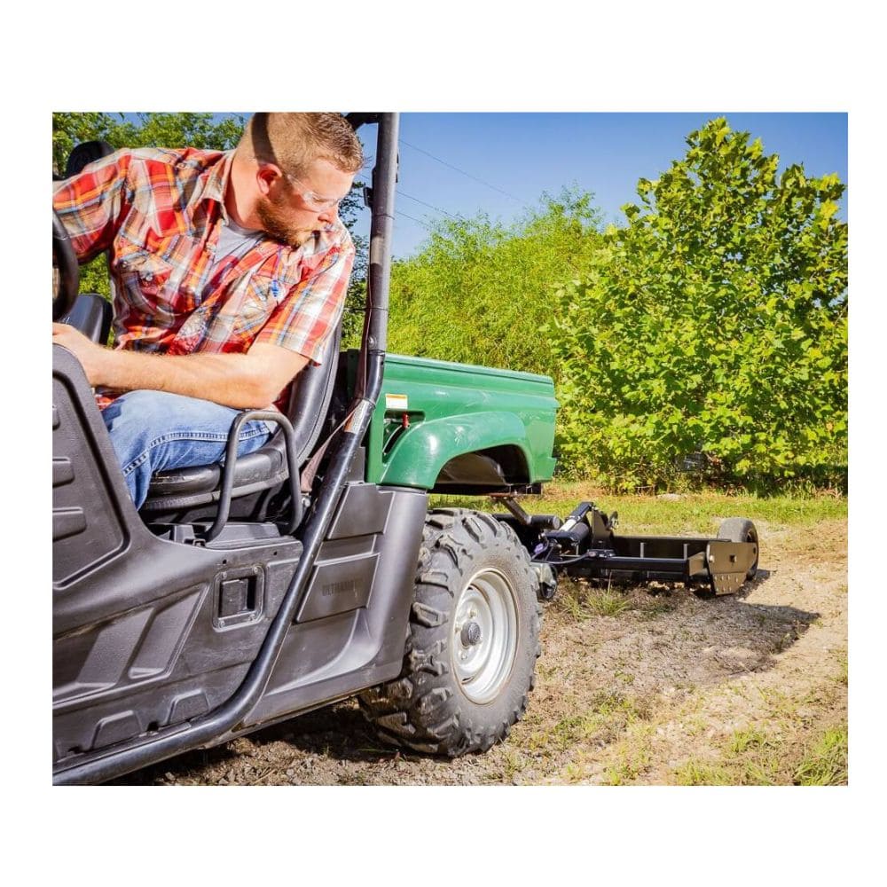 Swisher Commercial Pro RoadBuster Driveway Grader, angled view, black attachment with wheels.
