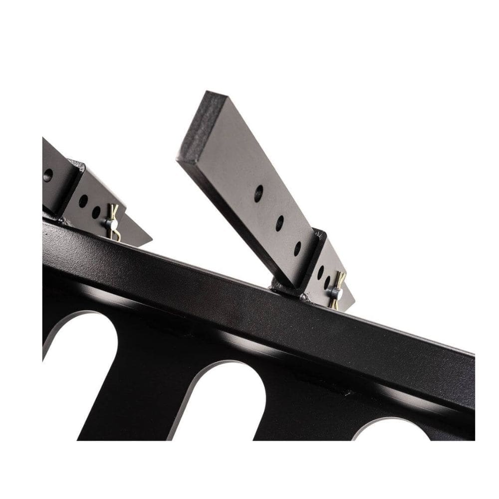 Swisher Commercial Pro RoadBuster Driveway Grader angled view, featuring black steel construction and adjustable leveling bars.