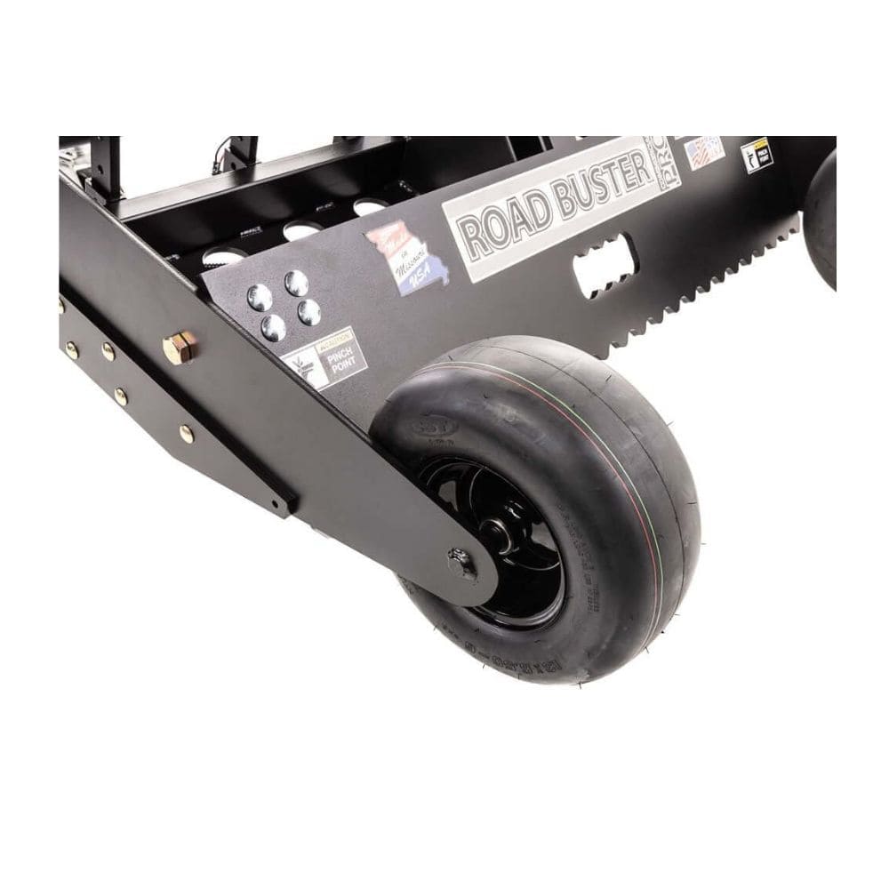 Swisher Commercial Pro RoadBuster Driveway Grader angled view featuring black tires and sharp blade edge.