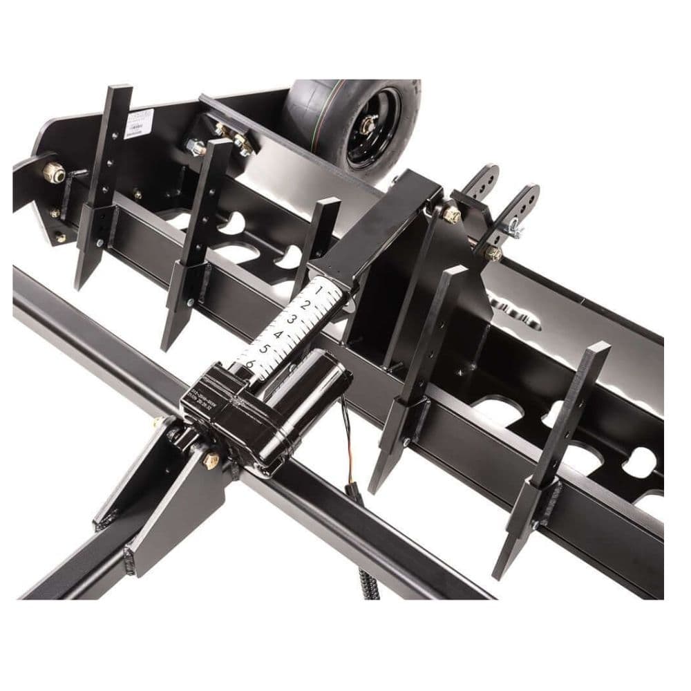 Swisher Commercial Pro RoadBuster Driveway Grader, black, angled view with adjustable leveling bars and wheels.