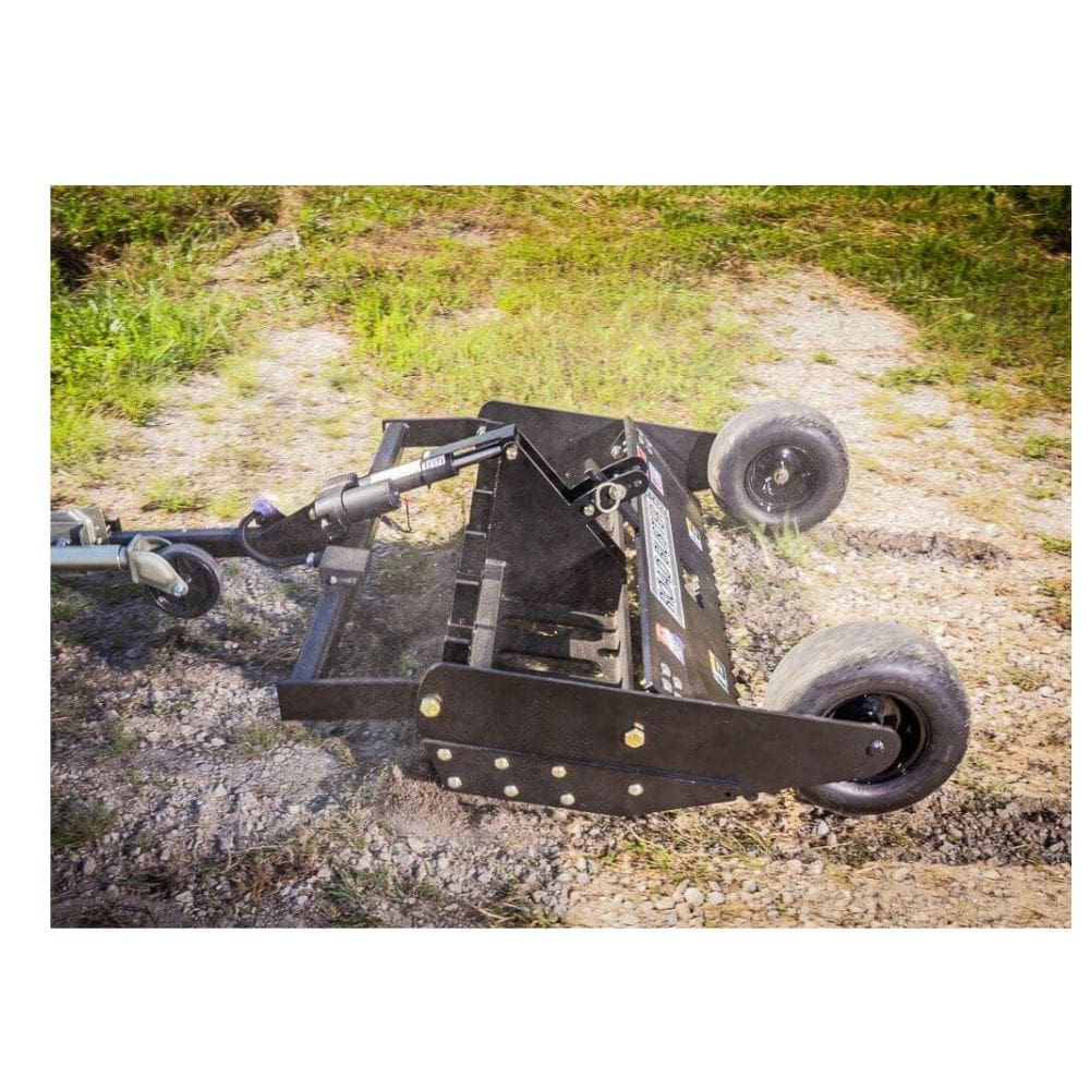 Swisher Commercial Pro RoadBuster Driveway Grader, black, angled view with wheels and hydraulic lift.