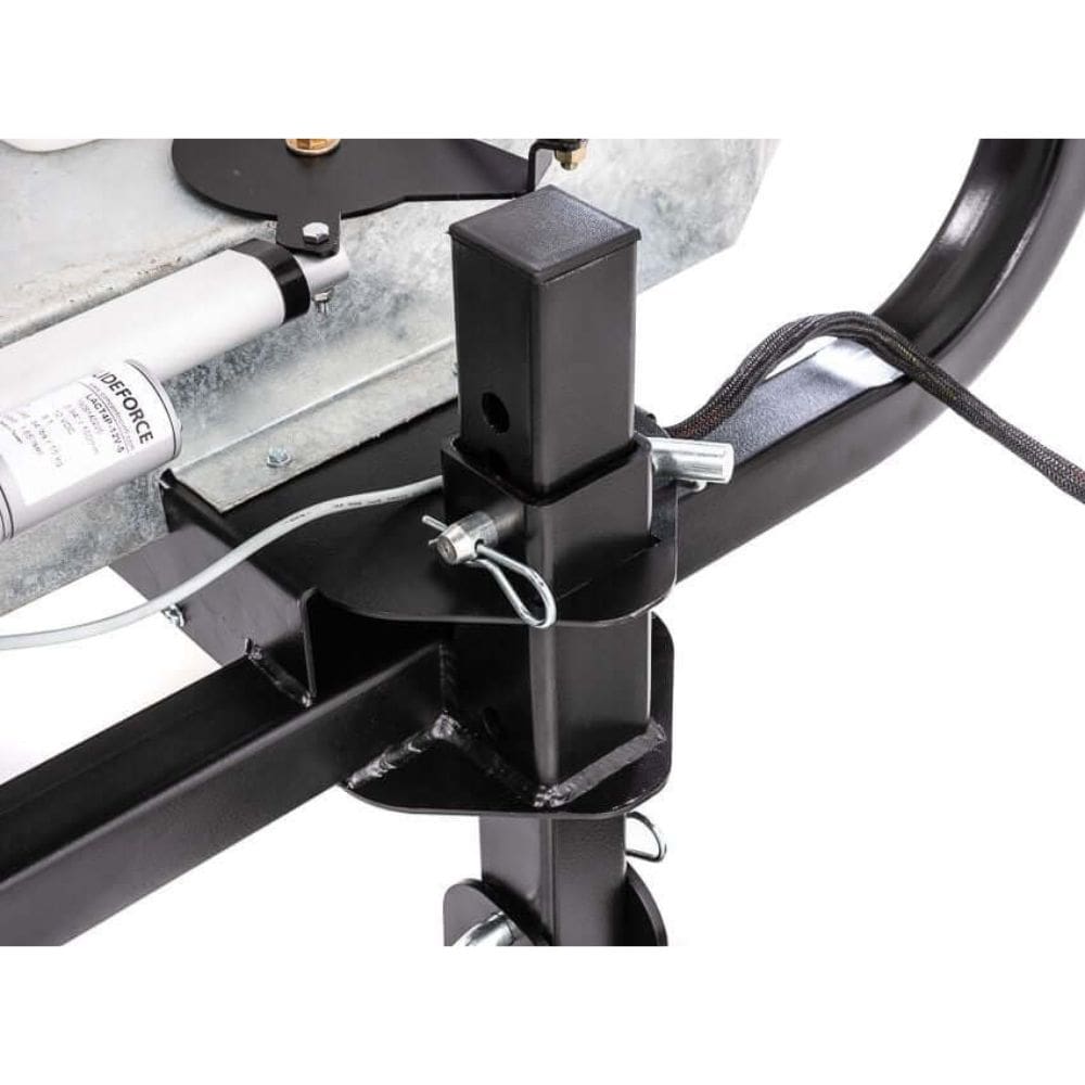 Swisher Commercial Pro UTV / Truck Spreader 22340 angled close-up, featuring metal components and attachment points.