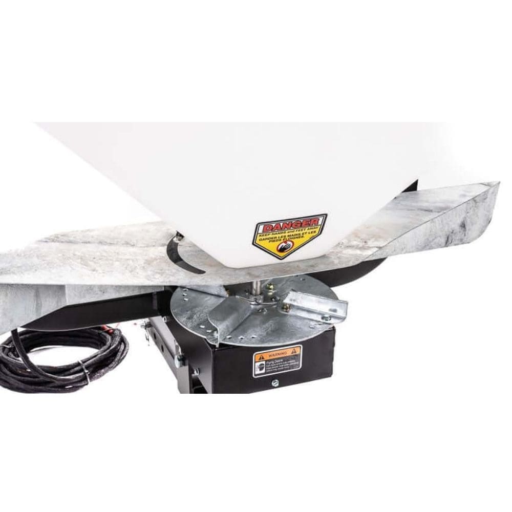 Swisher Commercial Pro UTV / Truck Spreader 22340, angled view with white hopper and metal spreader base.