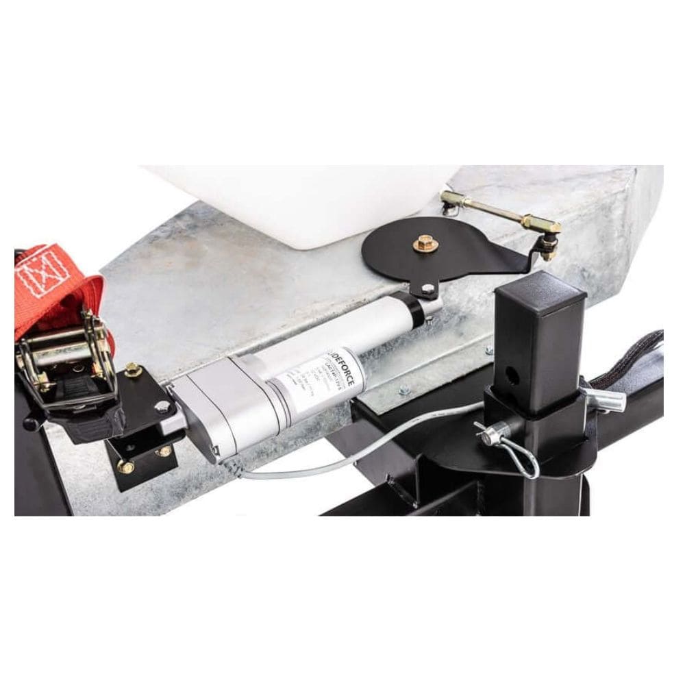 Swisher Commercial Pro UTV/Truck Spreader 22340, detailed view of hydraulic mechanism and strap.