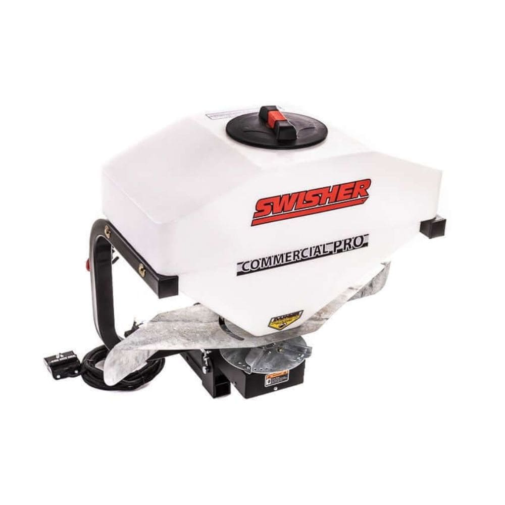 Swisher Commercial Pro UTV/Truck Spreader 22340, white with a black lid, angled view.