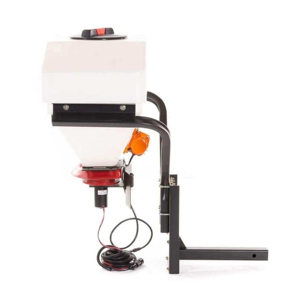Swisher Commercial Pro UTV/Truck Spreader, angled view, white tank with red and black accents.