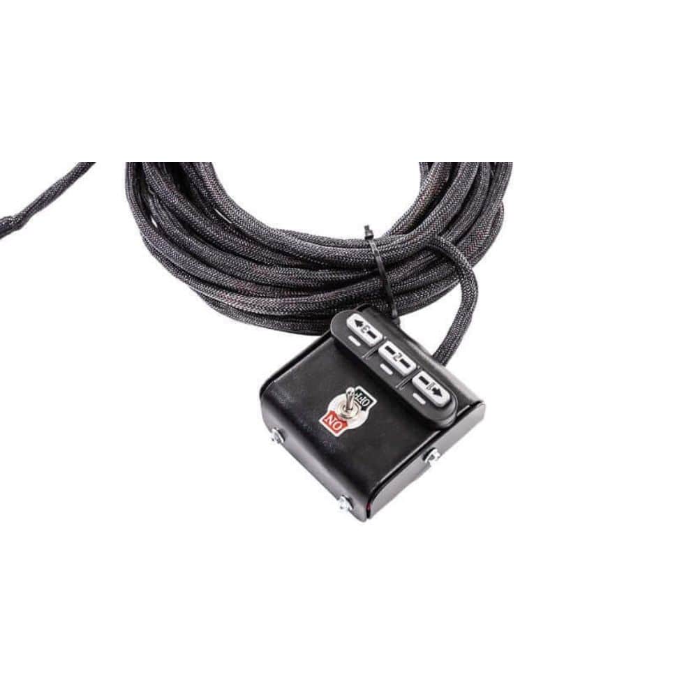 Swisher Commercial Pro UTV/Truck Spreader control box with three switches and coiled cable.