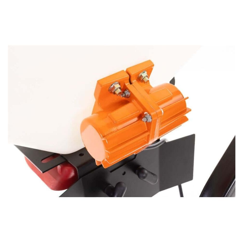 Swisher Commercial Pro UTV/Truck Spreader with orange vibrator motor and black mounting bracket.