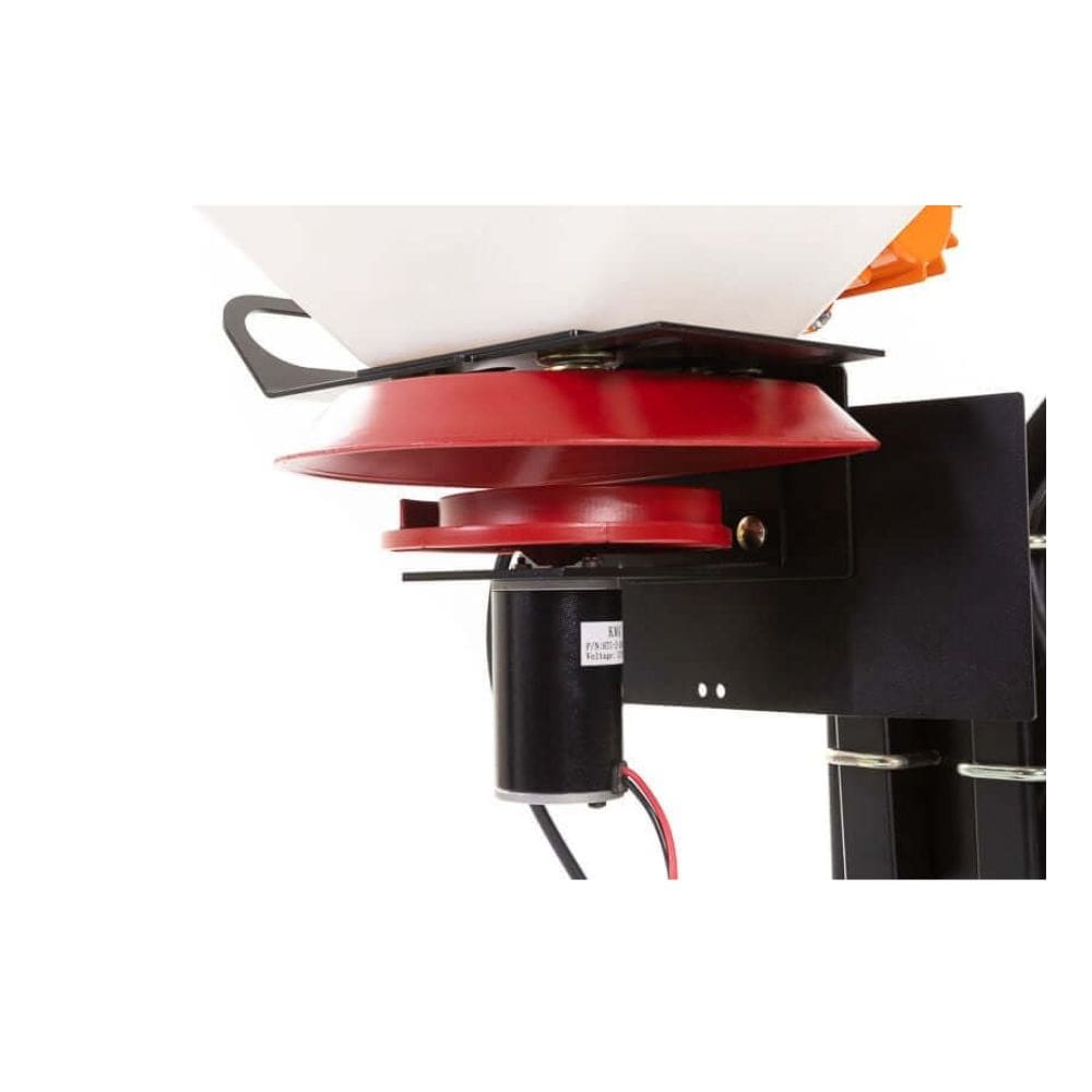 Swisher Commercial Pro UTV / Truck Spreader with vibrant red components and detailed mechanisms.