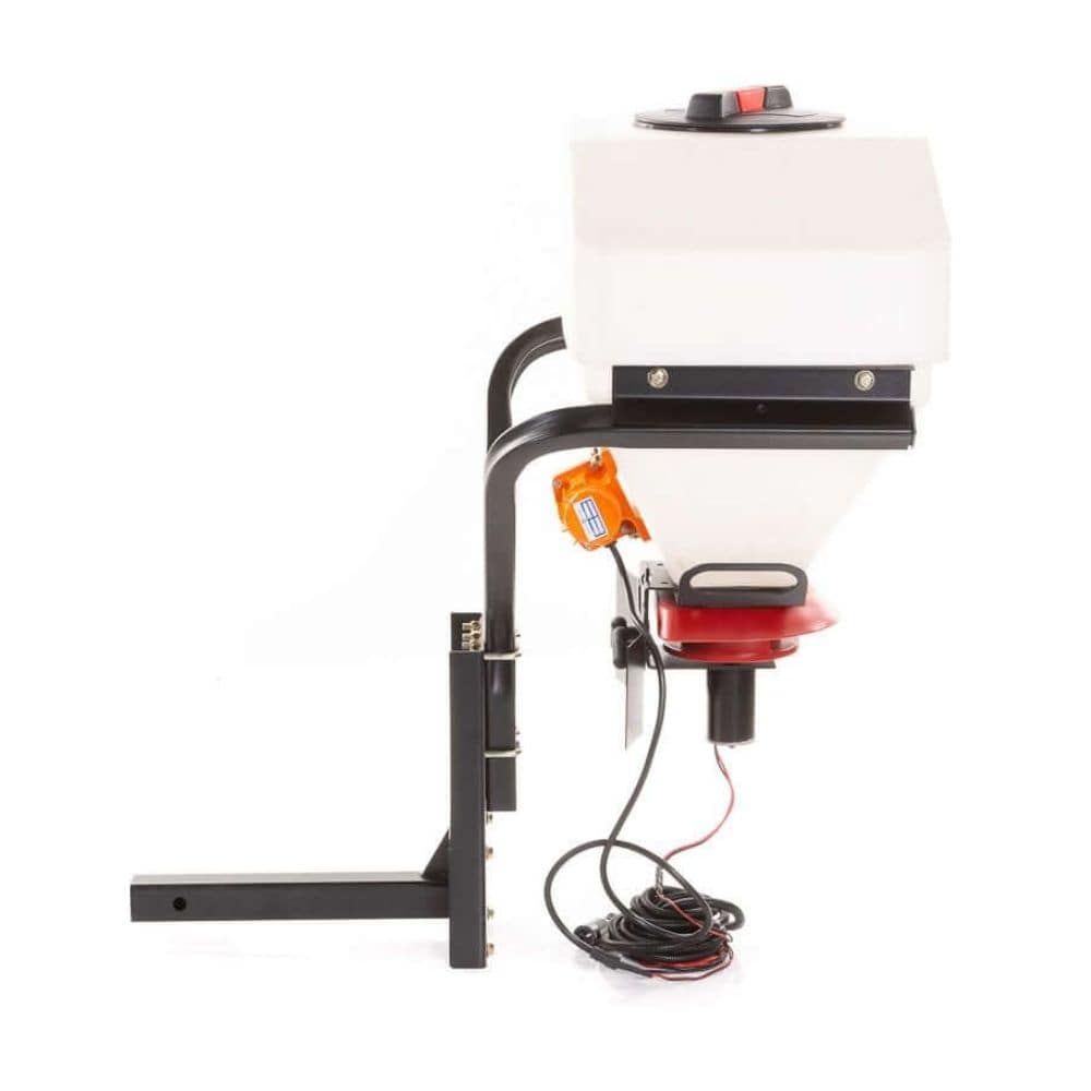 Swisher Commercial Pro UTV/Truck Spreader, white and black with red accents, angled view.