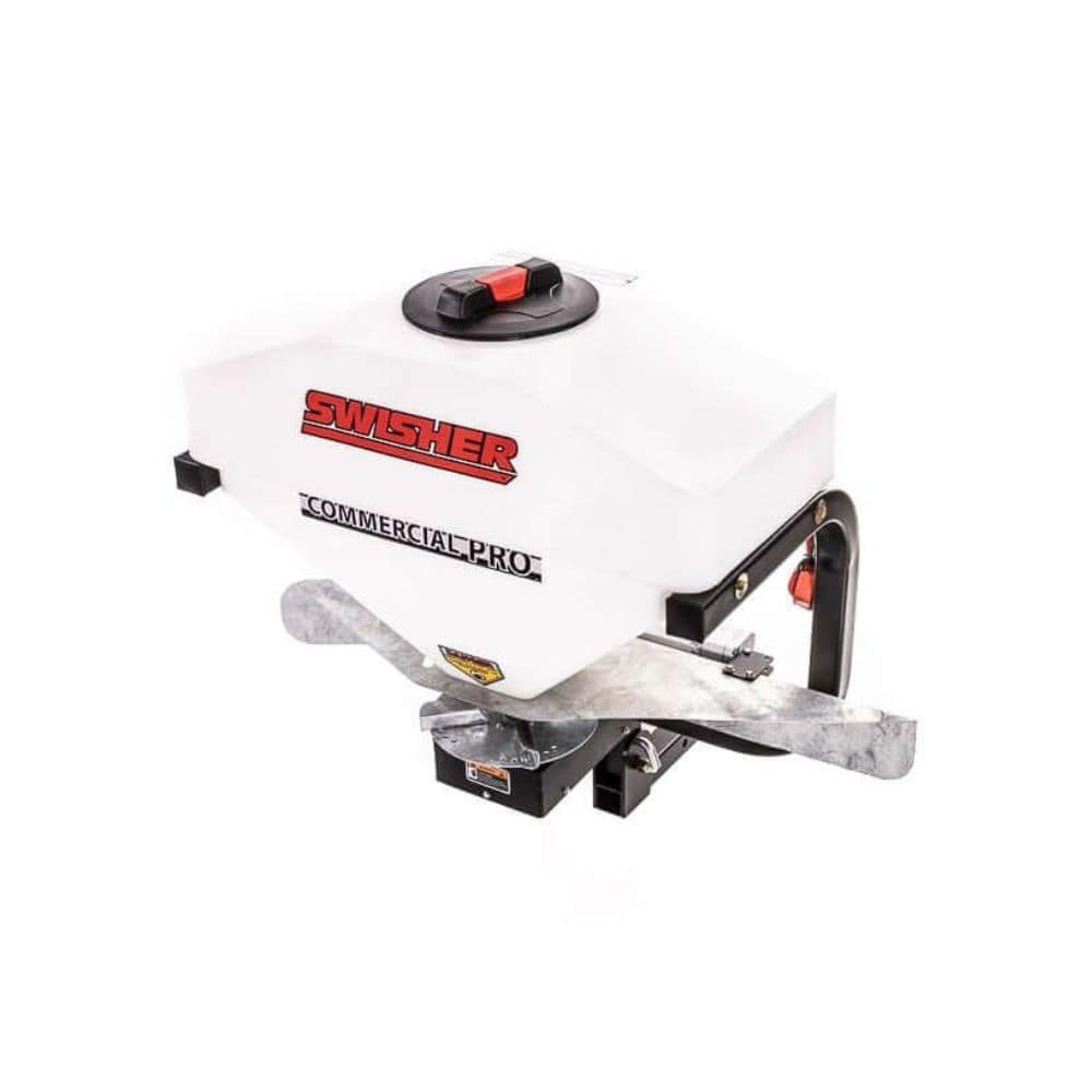 Swisher Commercial Pro UTV / Truck Spreader, white with control handle and metal spreader plate.