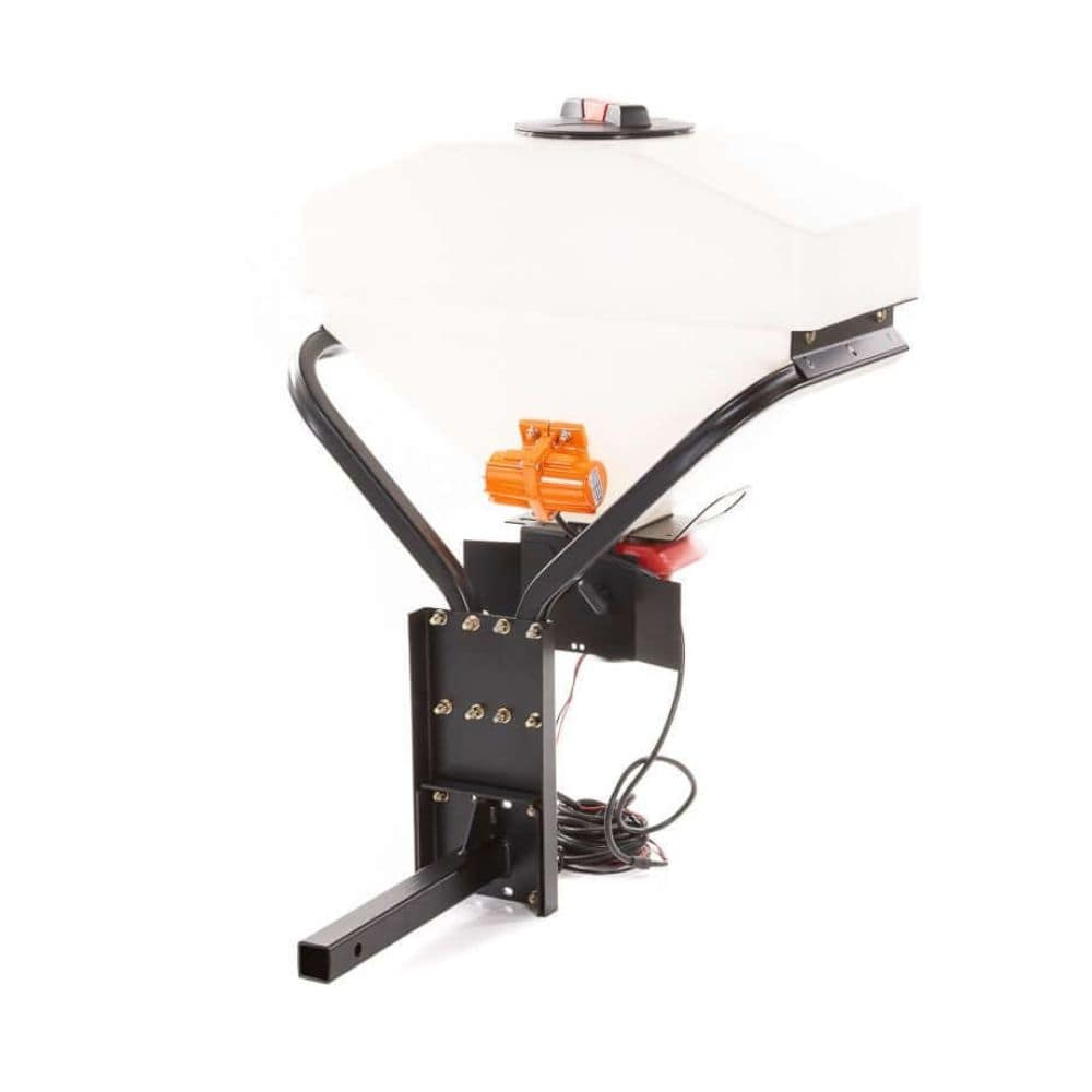 Swisher Commercial Pro UTV/Truck Spreader, white hopper with orange vibrator motor and black frame.