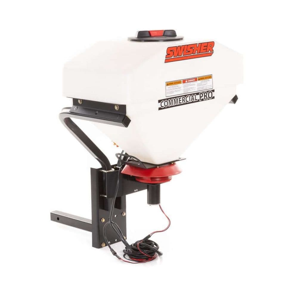 Swisher Commercial Pro UTV/Truck Spreader, white with red base, angled view, featuring a vibratory system.