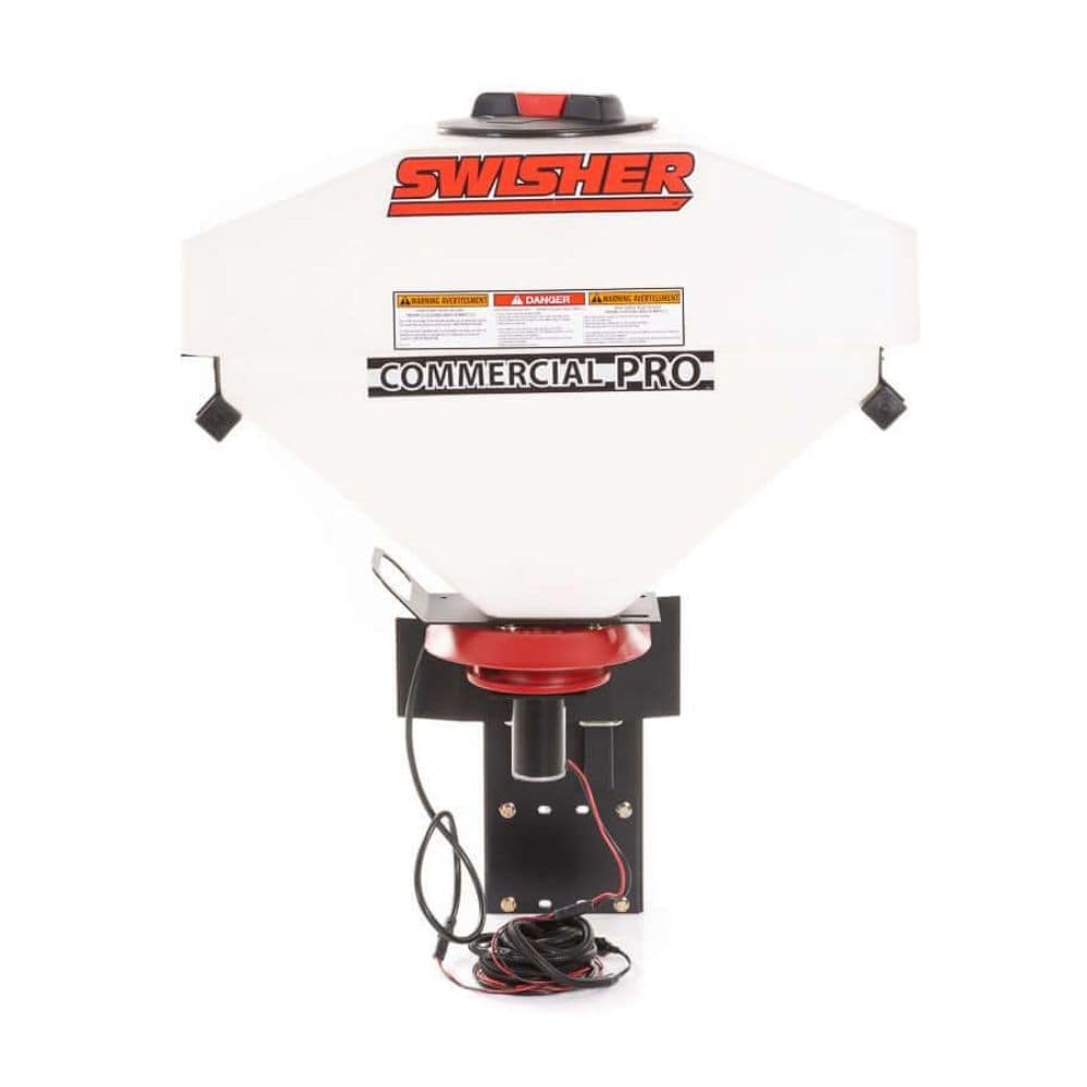 Swisher Commercial Pro UTV/Truck Spreader, white with red components and mounting bracket.