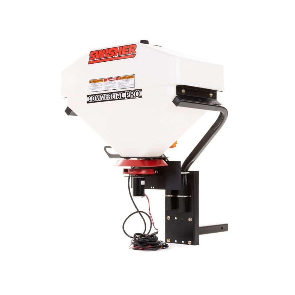 Swisher Commercial Pro UTV/Truck Spreader, white with a red base, side view, featuring a vibrator.