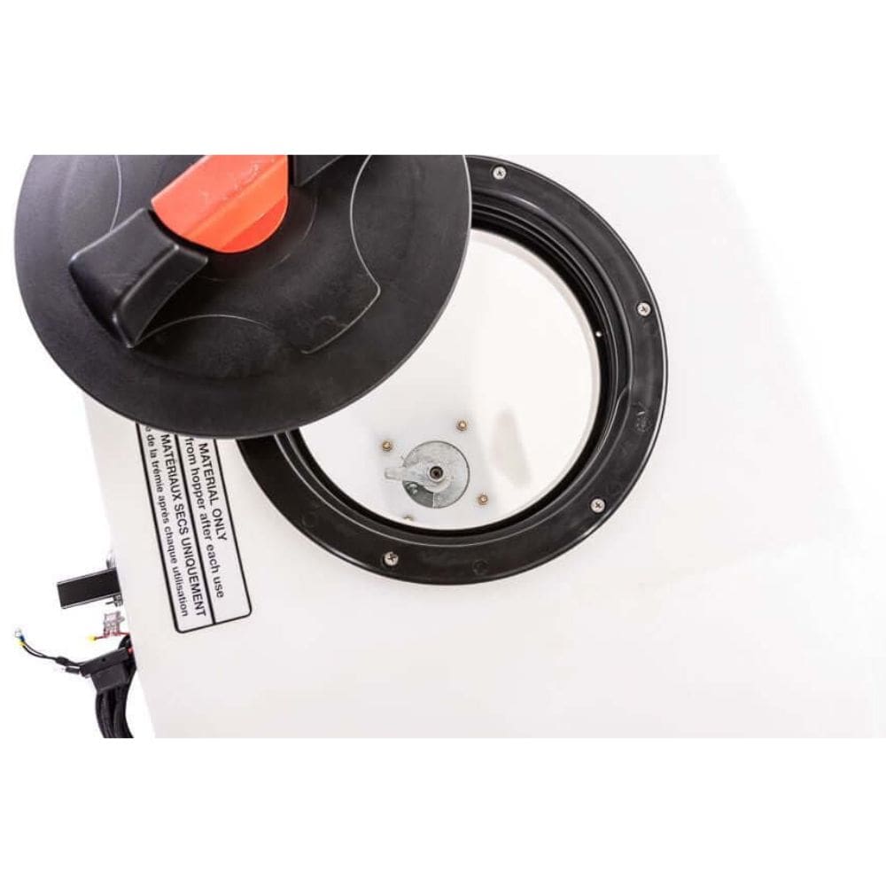 Swisher Commercial Pro UTV/Truck Spreader 22340 top view, featuring a black lid and white body.