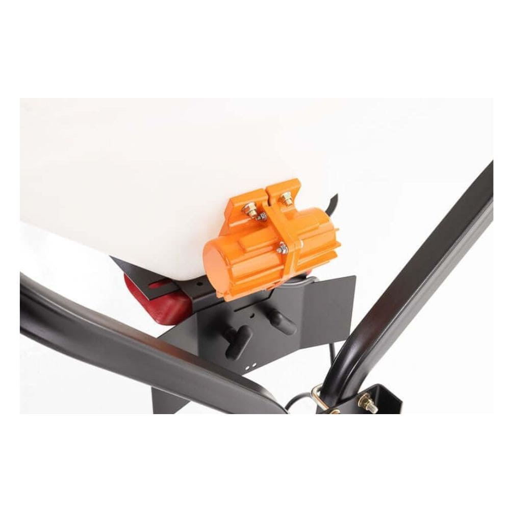 Swisher Commercial Pro UTV/Truck Spreader, black with orange vibrator, side view showing mounting features.