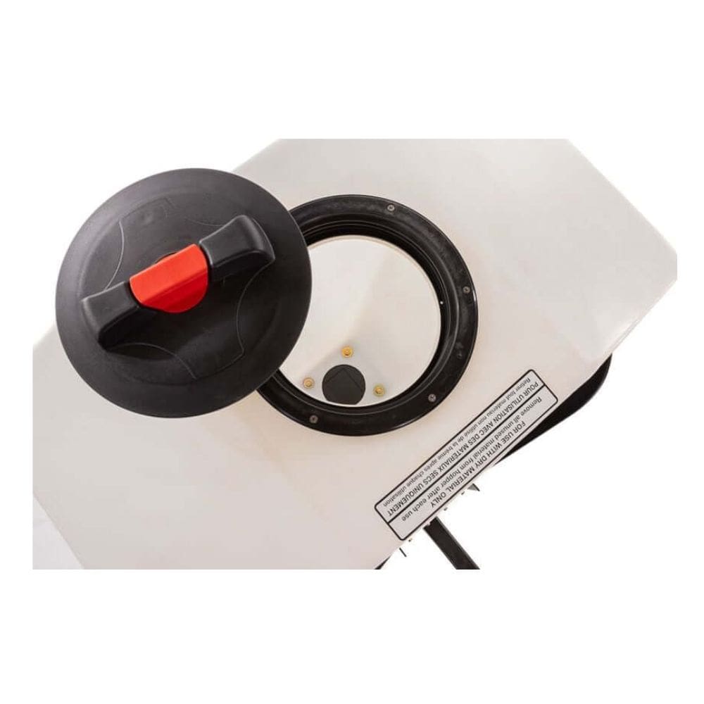 Swisher Commercial Pro UTV/Truck Spreader top view, white with a black lid and red handle.