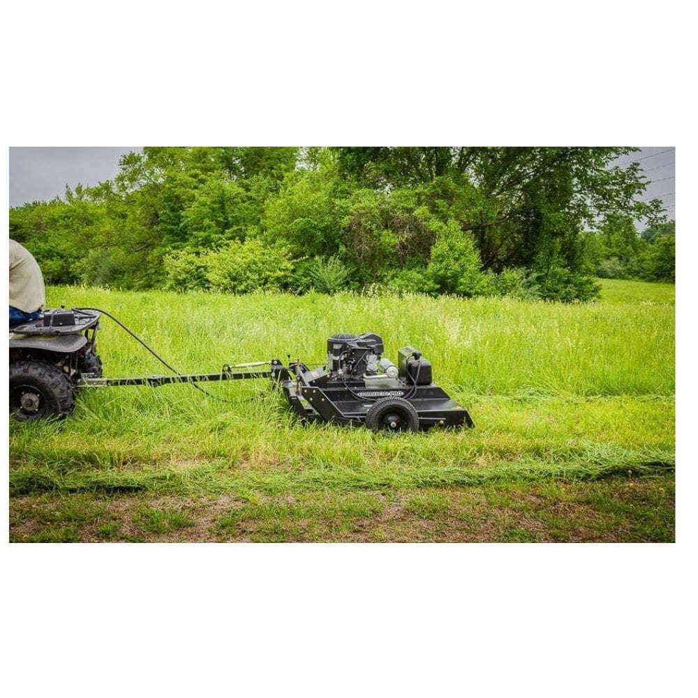 Swisher Country Cut 44" Rough Cut Mower, black with wheels and Kawasaki engine, angled view.