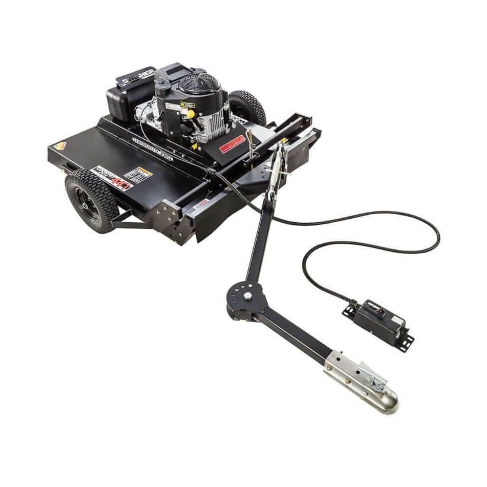 Swisher Country Cut 44" Rough Cut Mower, black, featuring a Kawasaki engine and towable design.
