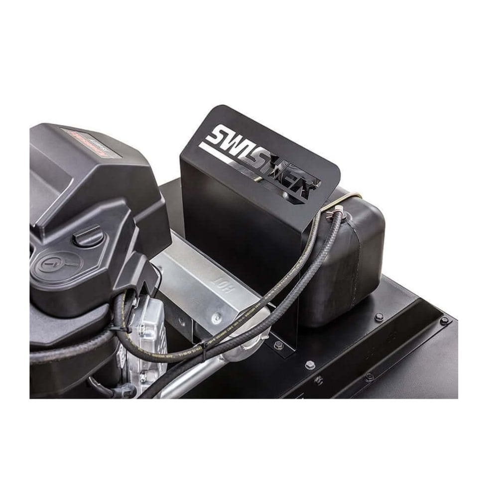 Swisher Country Cut 44" Rough Cut Mower engine view, featuring black components and metal housing.
