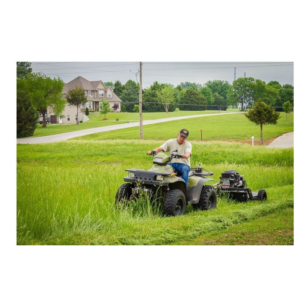 Swisher Country Cut 44" Rough Cut Mower, green, angled view with wheels and powerful engine.