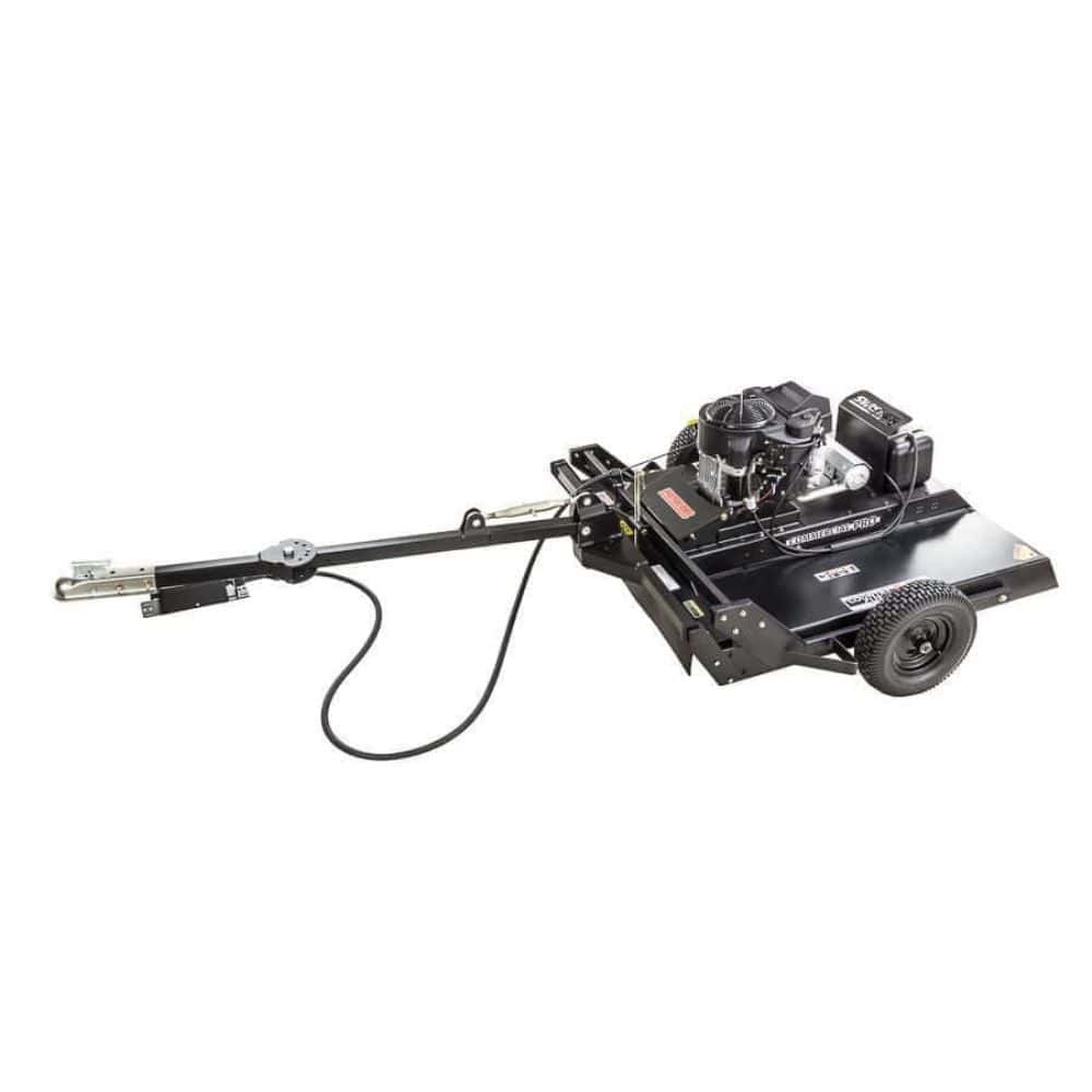 Swisher Country Cut 44" Rough Cut Mower, black, angled view with wheels and engine details.