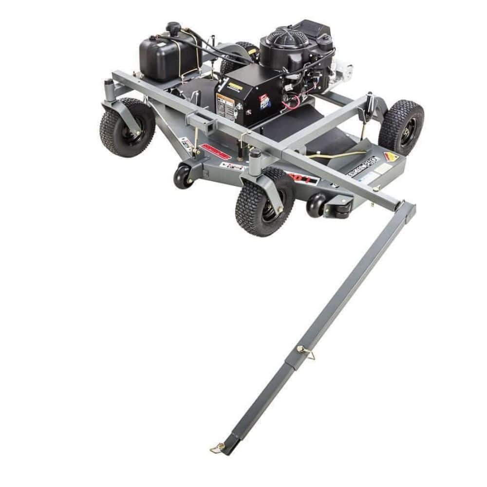 Swisher Fast Finish 60" 14.5 HP 12V Commercial Pro Mower, angled view, gray with sturdy wheels and engine.