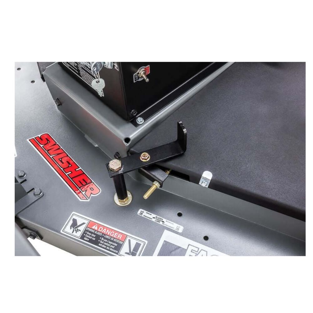Swisher Fast Finish 60 mower detail view, featuring black components and adjustment lever.