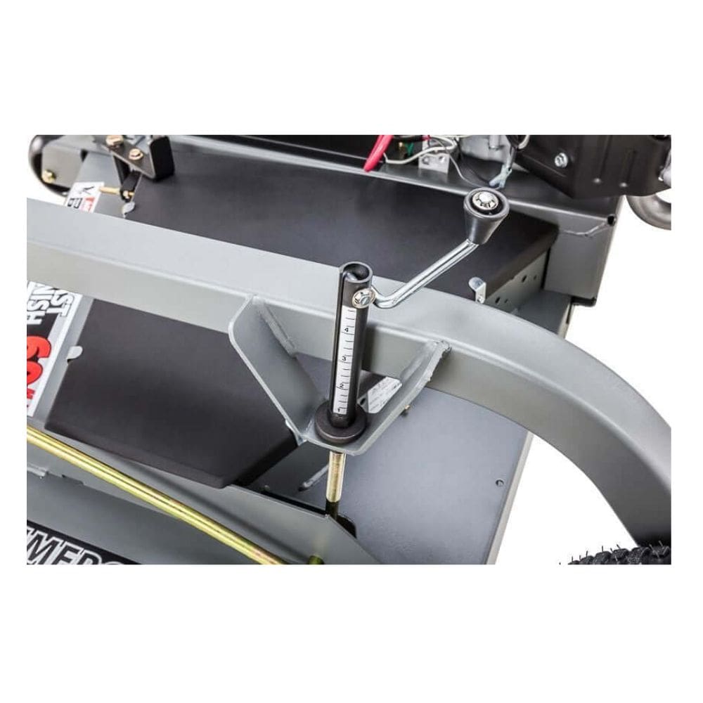 Swisher Fast Finish 60 commercial mower feature close-up, gray frame with adjustable height lever.