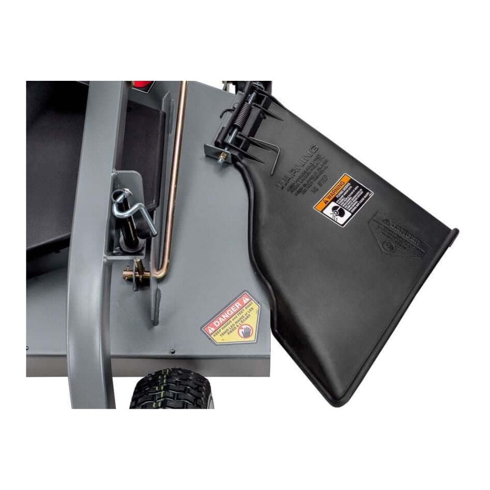 Swisher Fast Finish 60-inch mower side view, featuring a black discharge chute and warning labels.