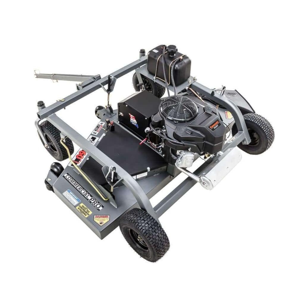 Swisher Fast Finish 60" 14.5 HP 12V Mower, top view, featuring compact design and durable wheels.