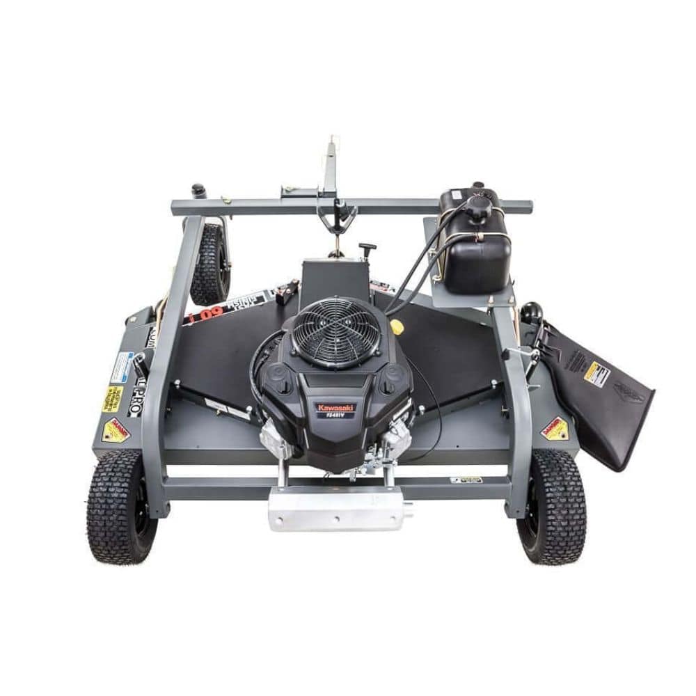 Swisher Fast Finish 60" mower, 14.5 HP, 12V, top view, with Kawasaki engine and wheels.
