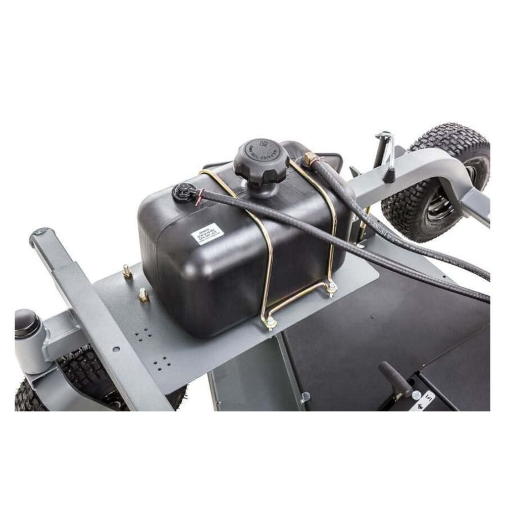 Swisher Fast Finish 60" 14.5 HP 12V mower top-down view featuring black fuel tank and sturdy wheels.