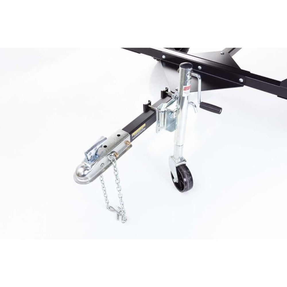 Swisher Hobby Farm Pro Drop Feeder 20 CuFt, front view, robust metal frame with hitch and wheel.