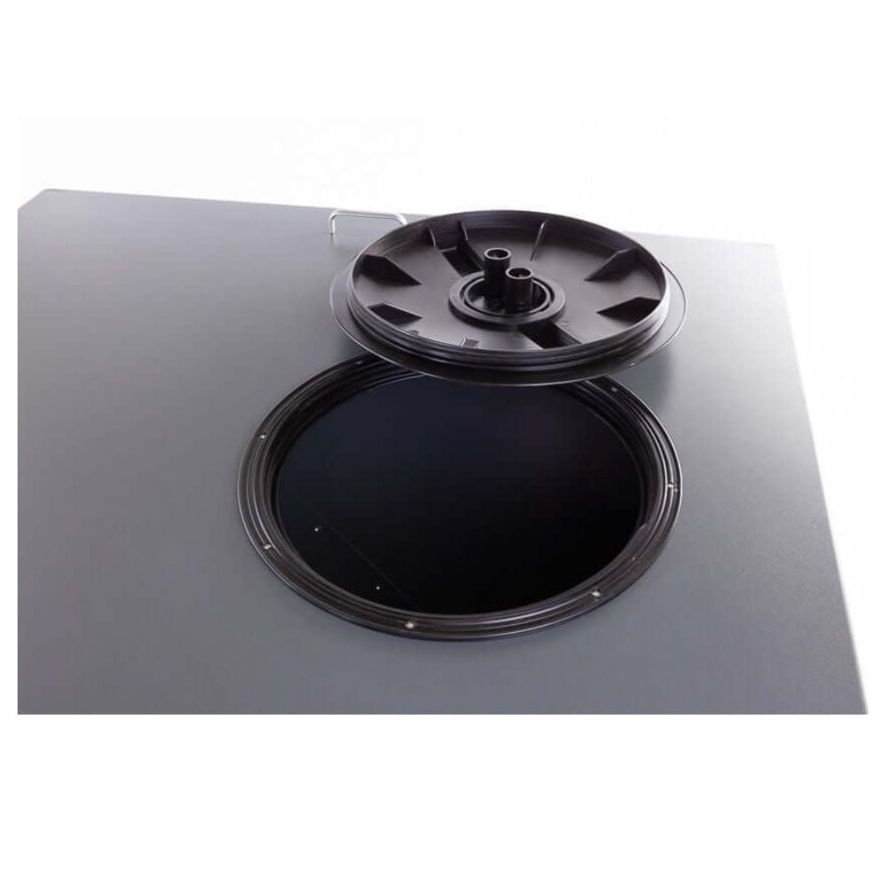 Swisher Hobby Farm Pro Drop Feeder 20 CuFt, top view with black lid and opening.
