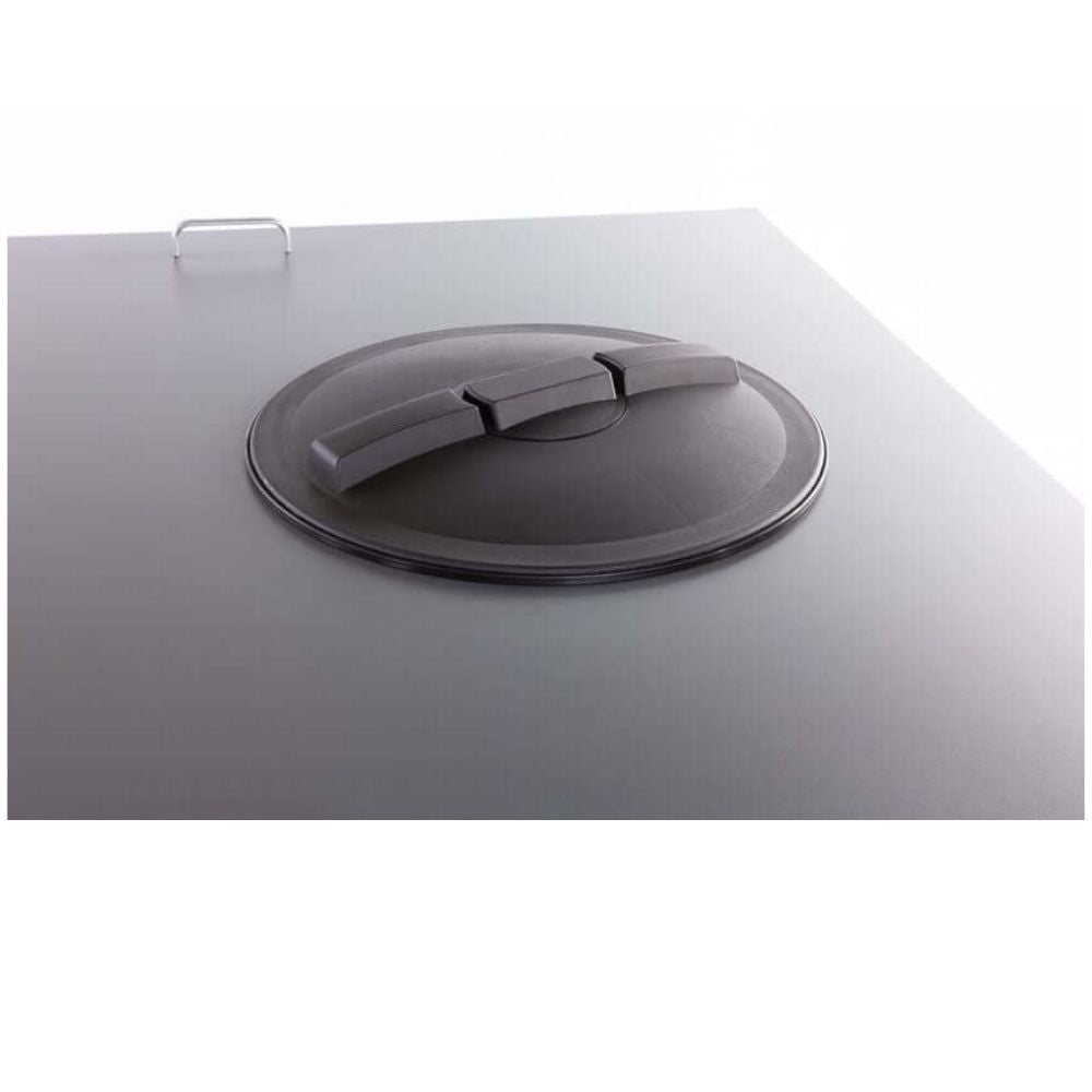 Swisher Hobby Farm Pro Drop Feeder 20 CuFt top view, gray color with a flat lid and handle.