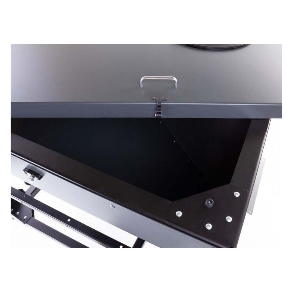 Swisher Hobby Farm Pro Drop Feeder 20 CuFt, angled view with gray lid and sturdy handle.