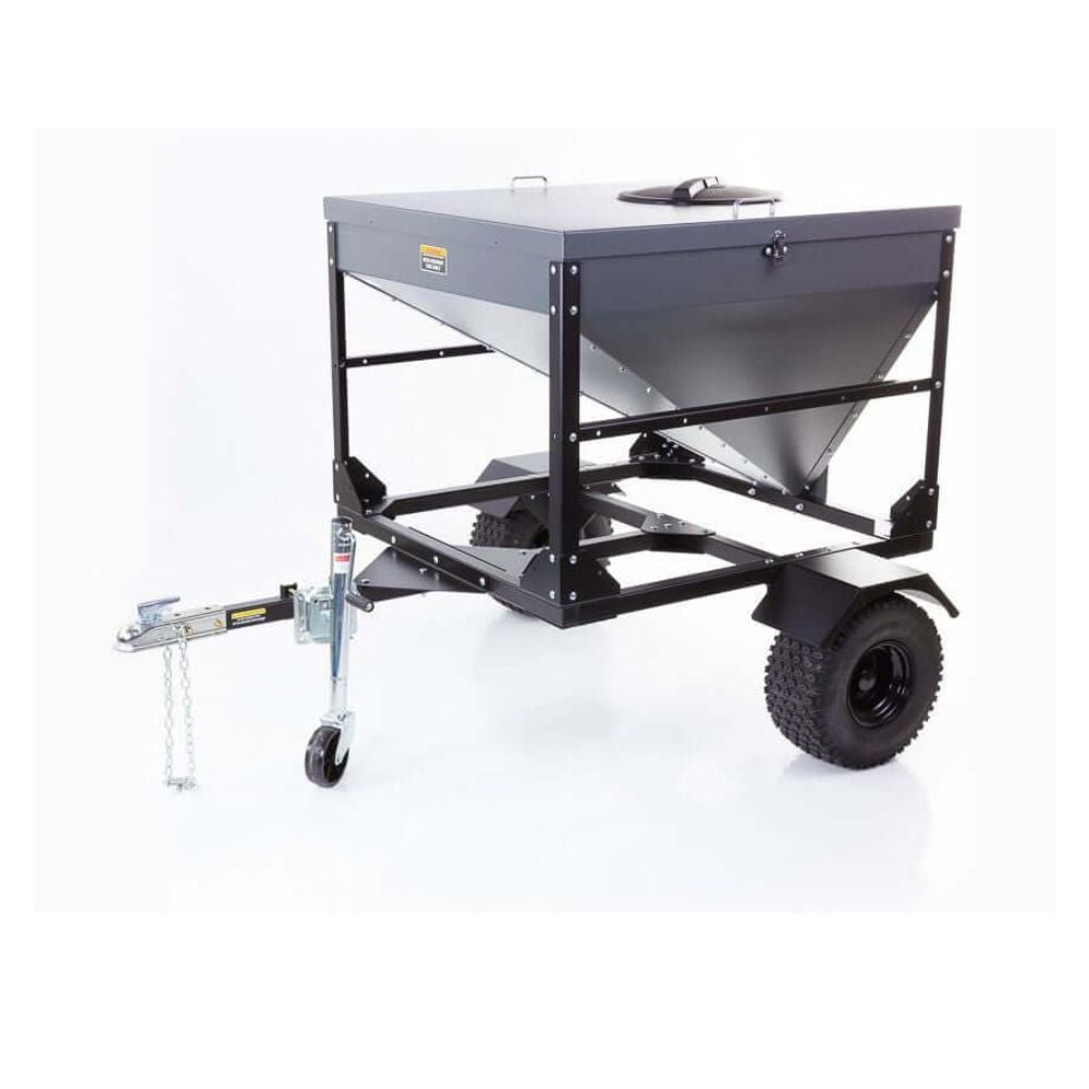 Swisher Hobby Farm Pro Drop Feeder 20 CuFt, black metal design with wheels and handle.