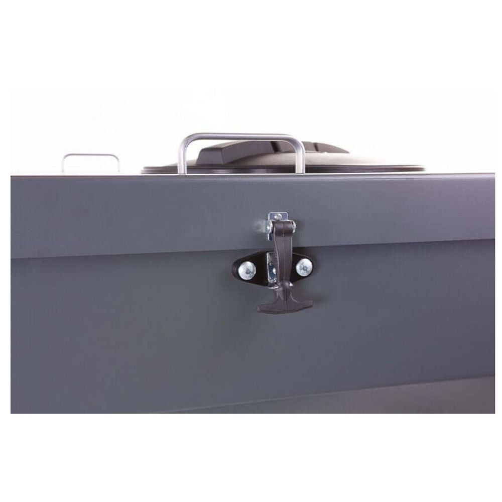 Swisher Hobby Farm Pro Drop Feeder 20 CuFt gray front view with locking mechanism and handle.