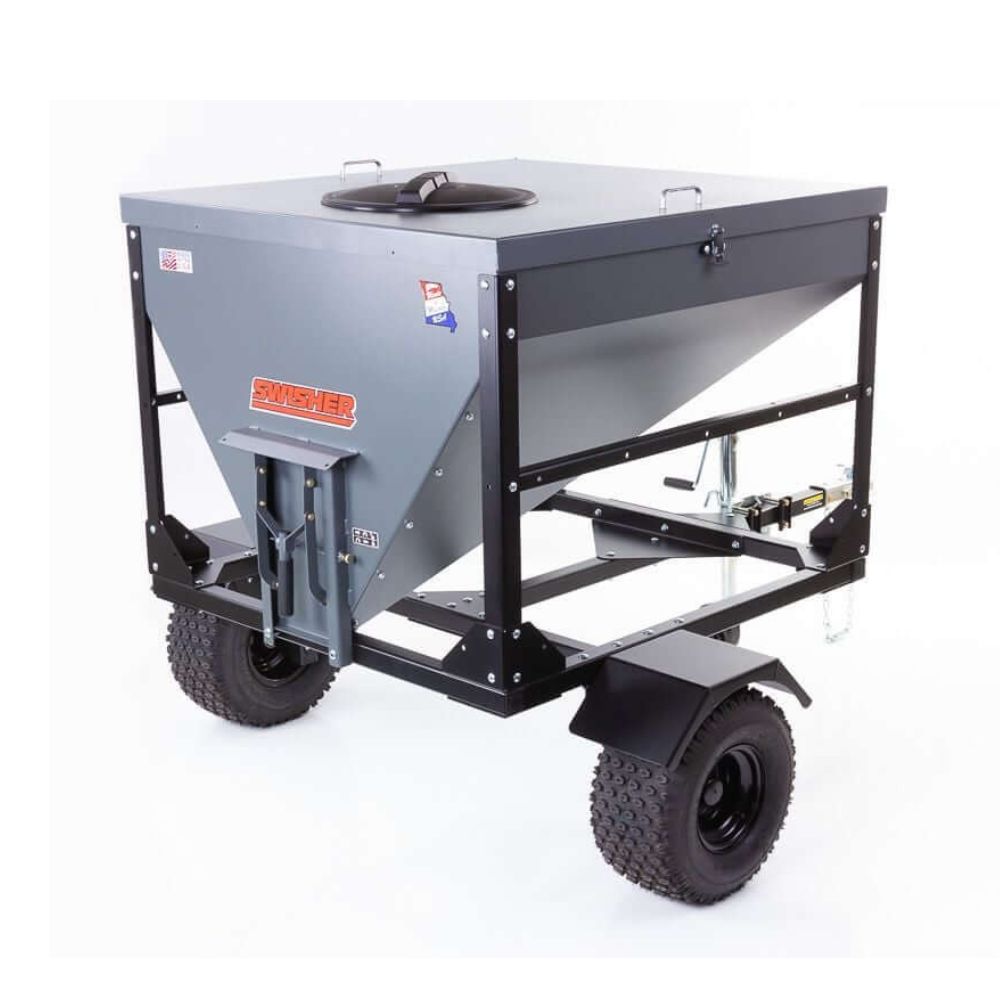 Swisher Hobby Farm Pro Drop Feeder 20 CuFt, gray metal structure, angled view, with wheels.