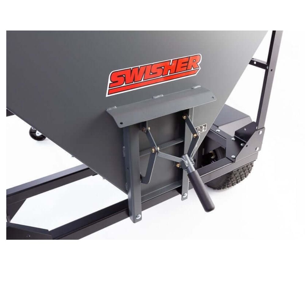 Swisher Hobby Farm Pro Drop Feeder, gray with a handle and wheels, rear view.