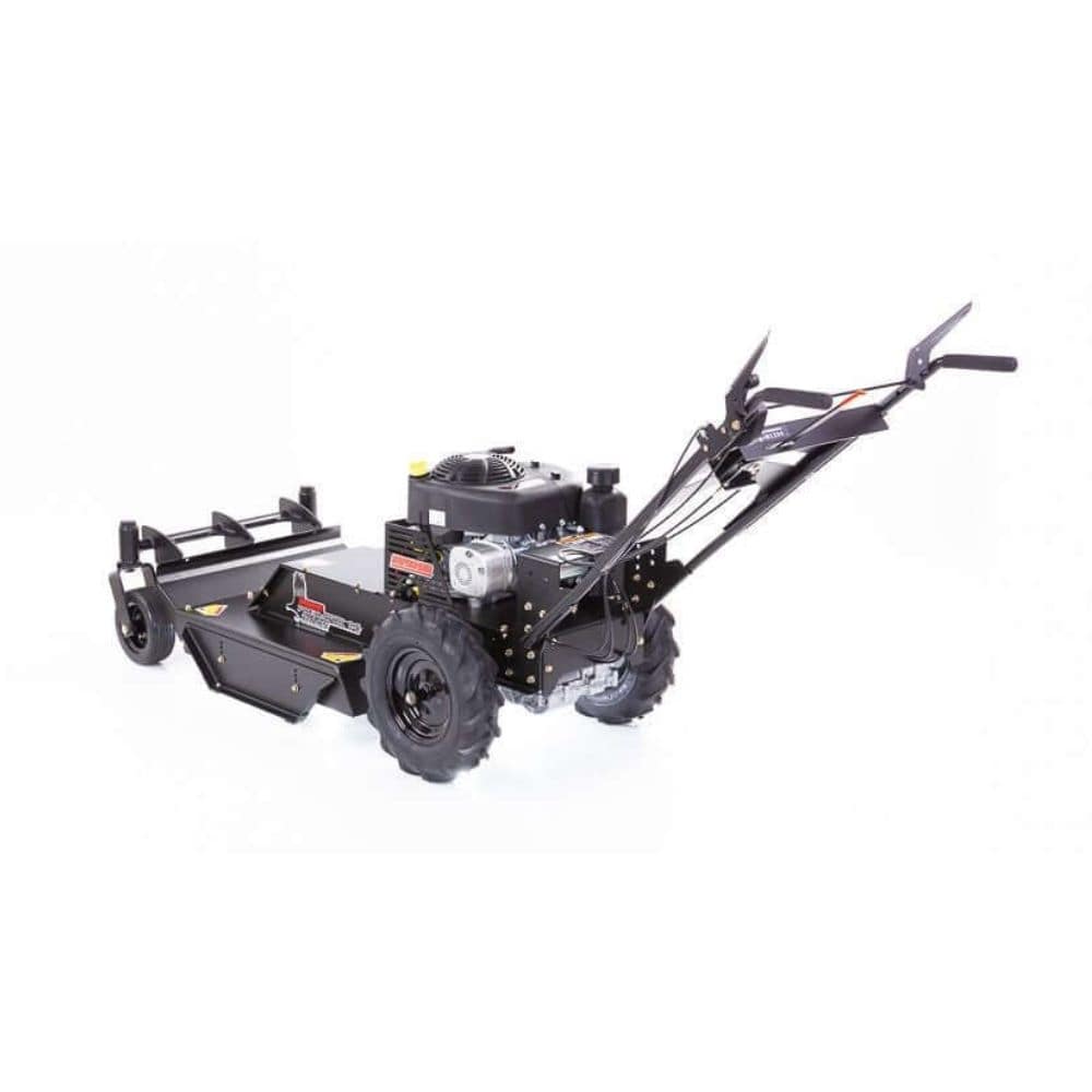 Swisher Predator 24" Walk Behind Rough Cut Mower angled view, black with large wheels and handles.