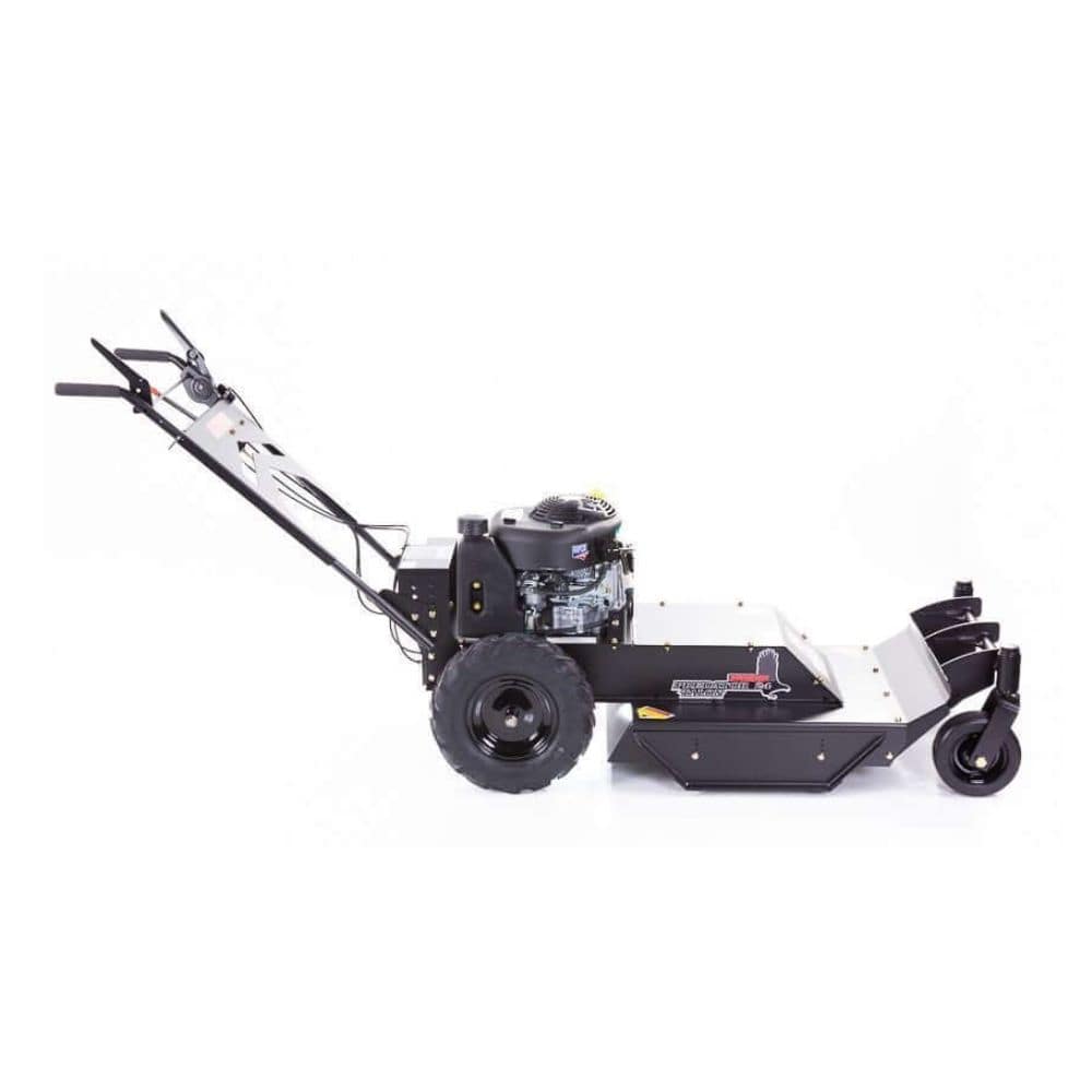 Swisher Predator 24" Walk Behind Rough Cut Mower, black with large wheels and side discharge.