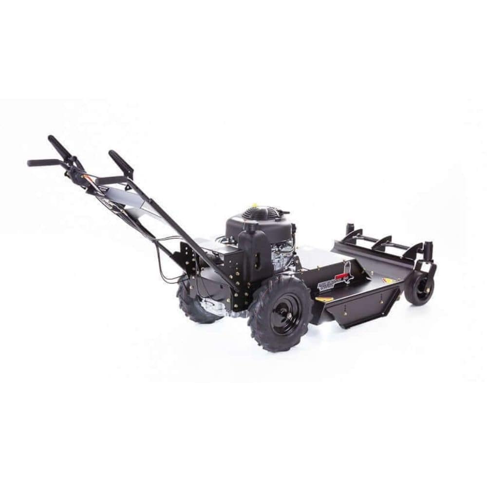 Swisher Predator 24" Walk Behind Rough Cut Mower, black, rear view, featuring rugged wheels and engine.