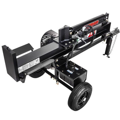 Swisher 22 Ton Log Splitter back view black with wheels featuring powerful hydraulics and towable design