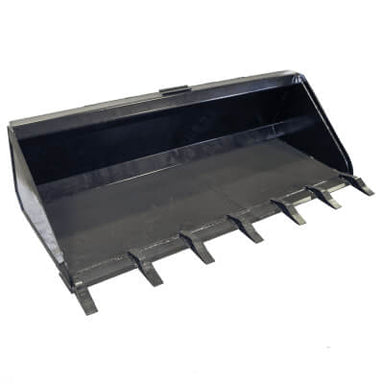 Toothed Skid Steer Bucket by Prime Attachments, angled view, durable black finish with tines.