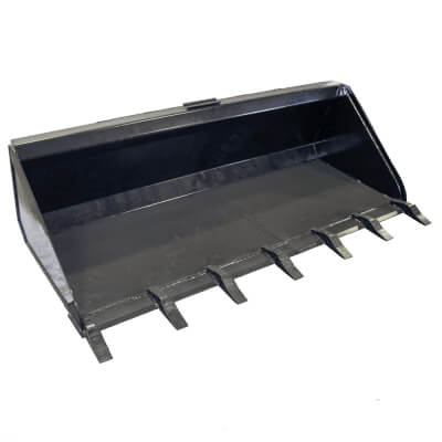 Toothed Skid Steer Bucket by Prime Attachments, angled view, durable black finish with tines.