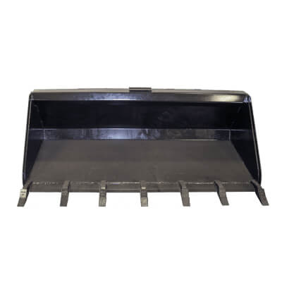 Toothed Skid Steer Bucket by Prime Attachments, black, front view with multiple tines.