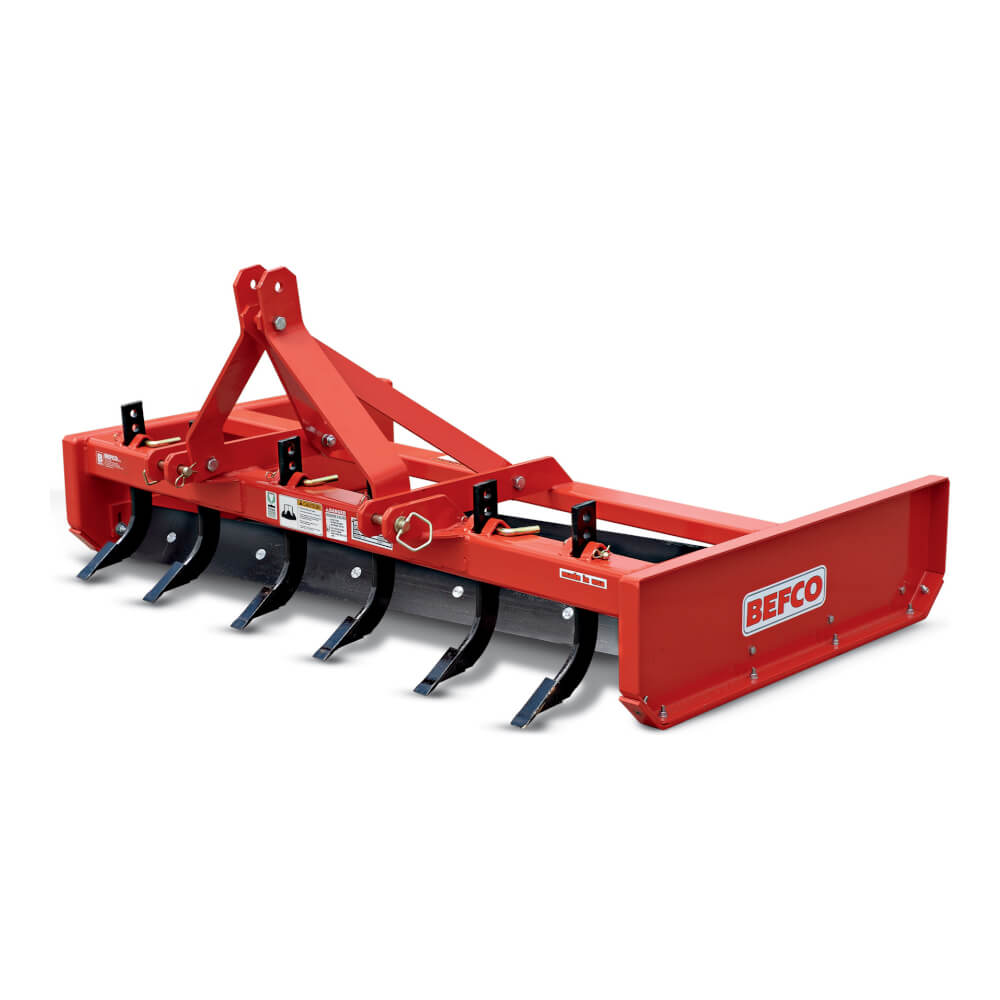 BEFCO Tractor Grading Scraper in red, angled view with sharp grading blades and sturdy frame.